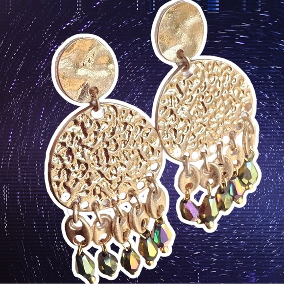 NEW Hammered Rose Gold Tone Disc Iridescent Black AB Charm Dangle Earrings - Picture 1 of 11
